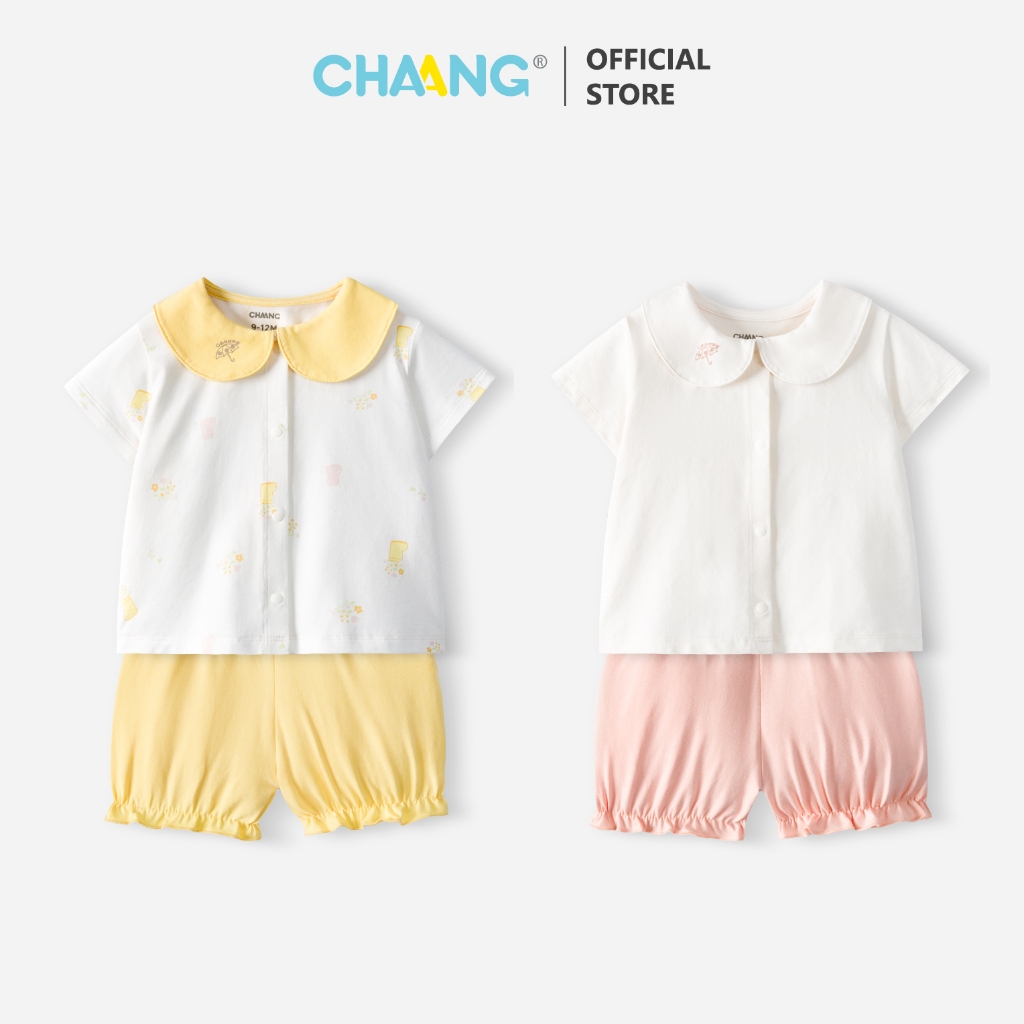 [CHAANG 0-12M] Bộ quần áo cộc tay cổ sen/cúc giữa Mưa cho bé gái và bé trai