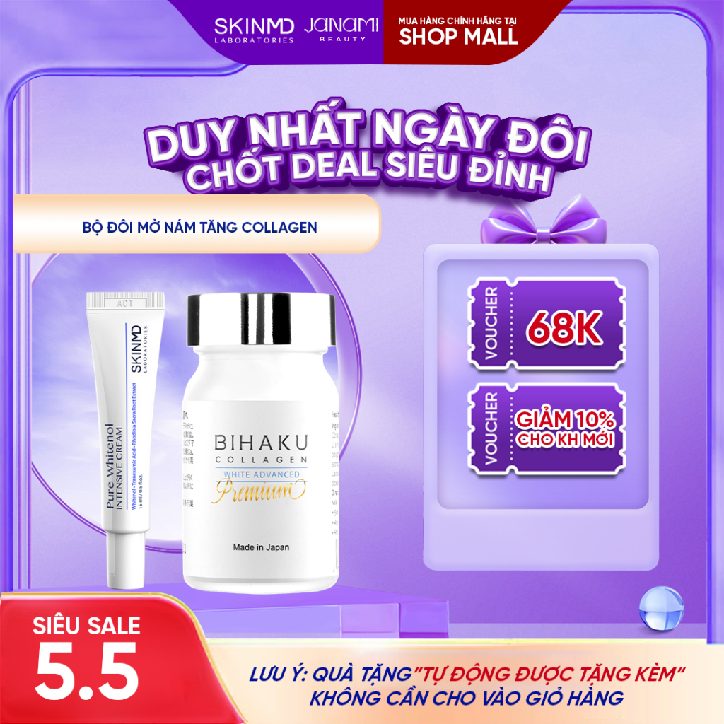 Ảnh Bộ đôi chăm sóc làn da mỏng yếu và tái tạo tế bào gốc Bihaku Collagen 30v và Skinmd Cream Pure Intensive 15ml 1