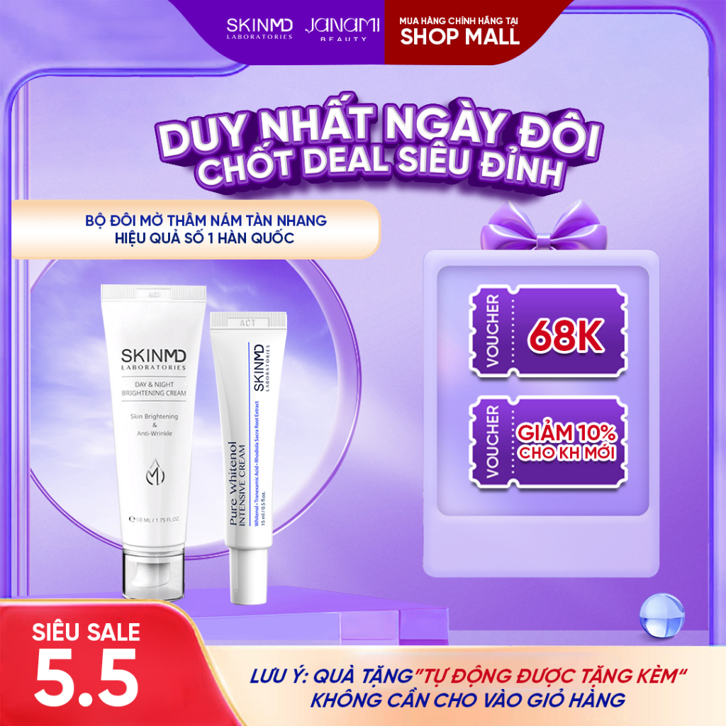 Ảnh Bộ đôi mờ nám đốm, ngăn ngừa sắc tố đậm melanin và dưỡng da sáng đều màu Skinmd cream 15ml + brightening 1