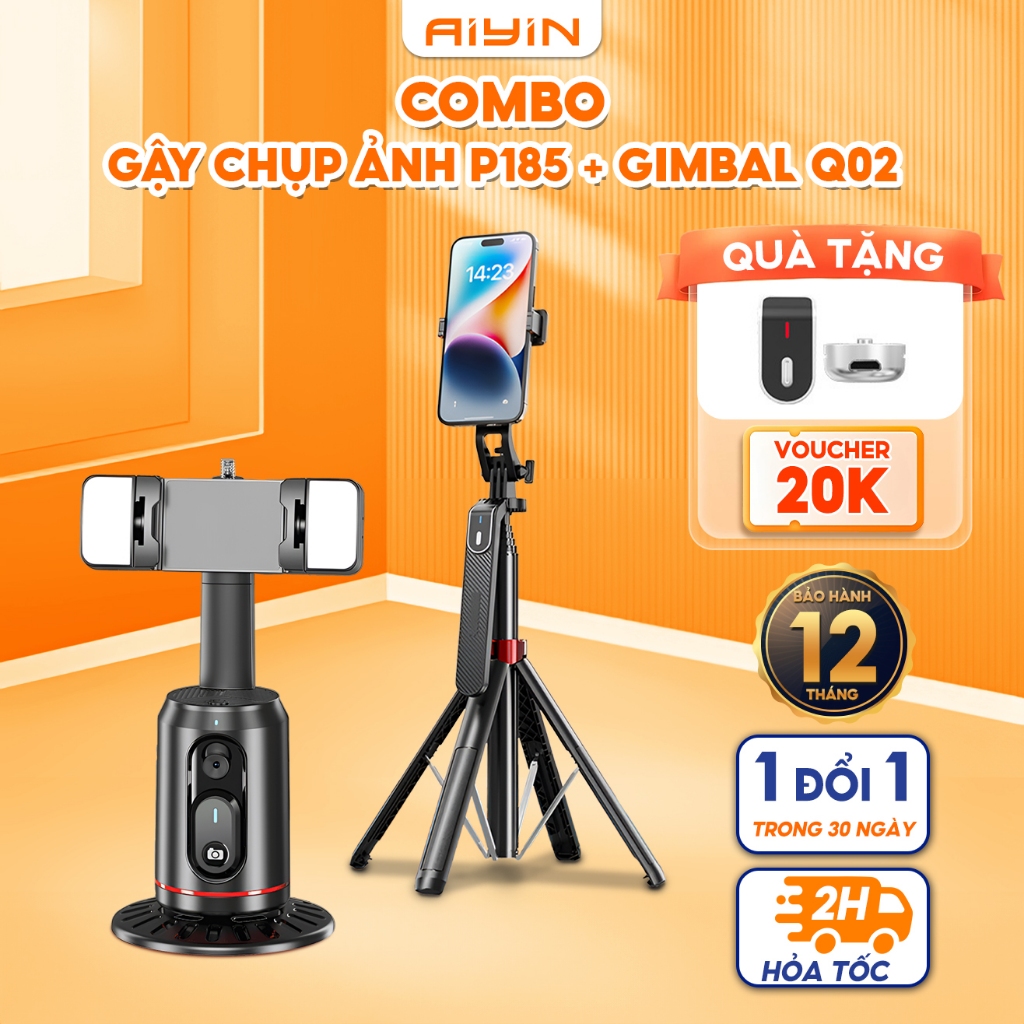 Gậy Chụp Ảnh Chân P185, Gimbal Q02 Xoay 360 Độ Livestream, Quay