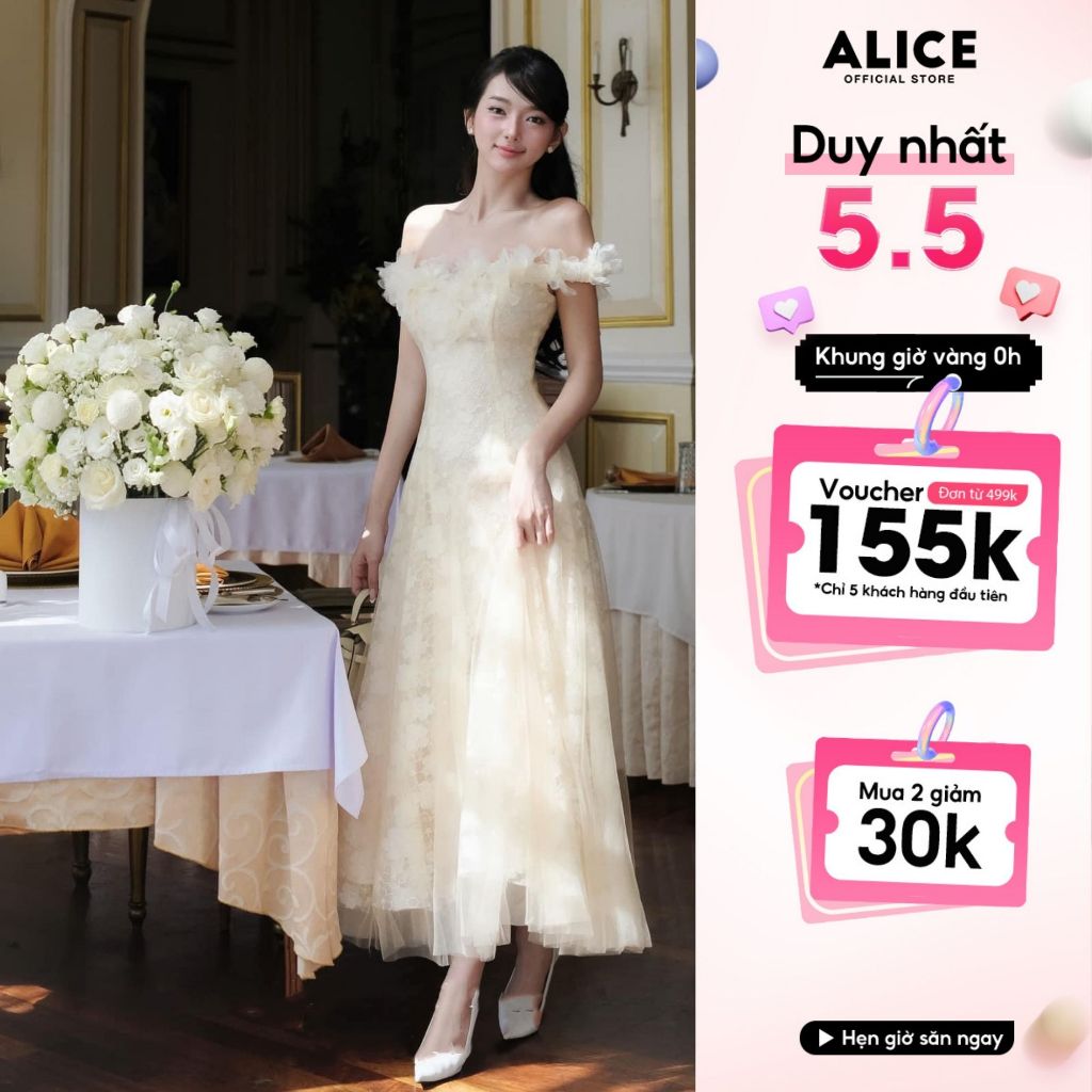Ảnh Váy Ren Tiểu Thư Trễ Vai Đính Hoa Nổi Phối Lưới Xòe Bồng ALICE Phong Cách Điệu Đà, Nhẹ Nhàng V1244 1