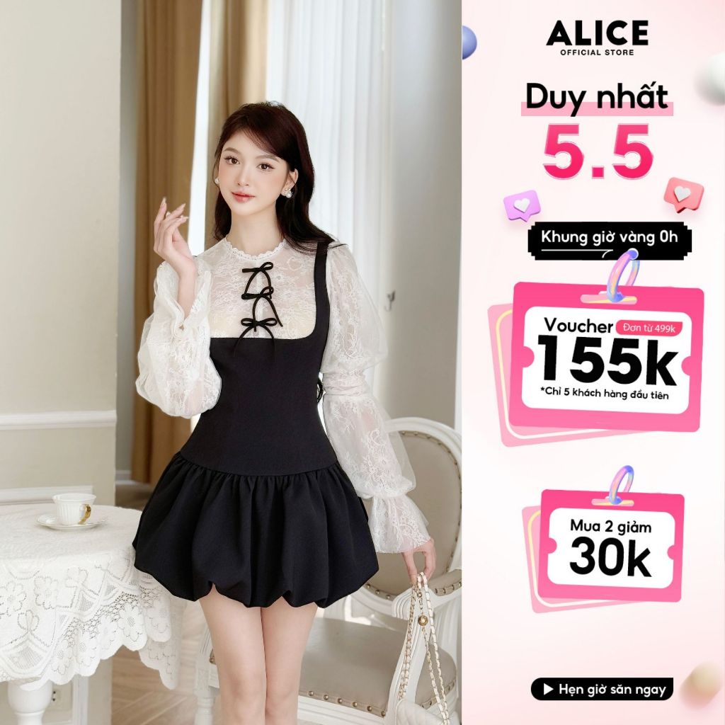 Ảnh Váy Đầm Tiểu Thư Dáng Bí Alice Chất Chéo Rubi Cao Cấp Phối Ren Cổ Đính Nơ, Tay Áo Xòe Bồng 3 Tầng V1298 1