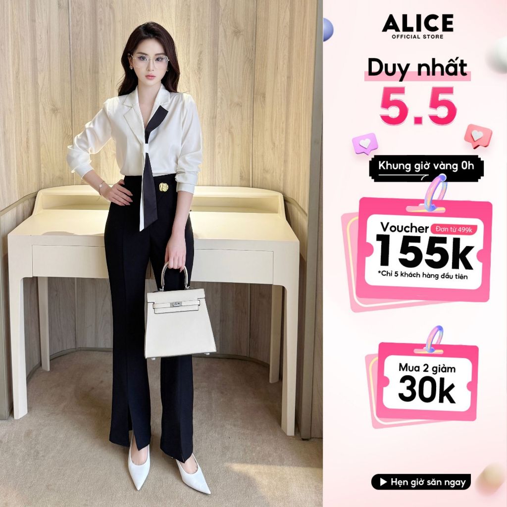 Ảnh Set Công Sở Thanh Lịch Alice, Áo Sơ Mi Cổ Phối Buộc Vạt Chất Lụa Hàn Phối Quần Ống Loe Chất Mango Đính Tag Eo S849 1