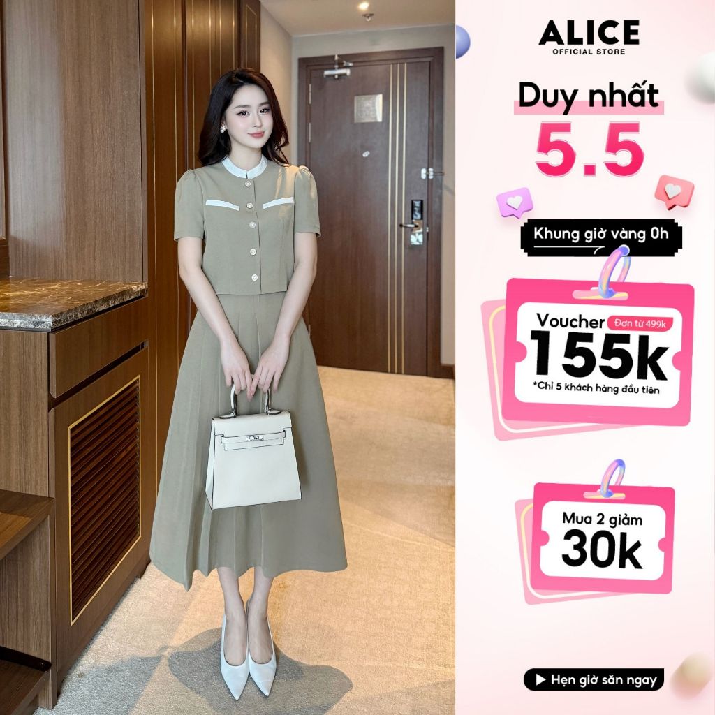 Ảnh Set Váy Nữ Công Sở Cao Cấp Alice Chất Chéo Rubi Lót Lụa Áo Ngắn Tay Cổ Tàu Thanh Lịch Phối Chân Váy Xếp Ly Lệch Vạt S844 1