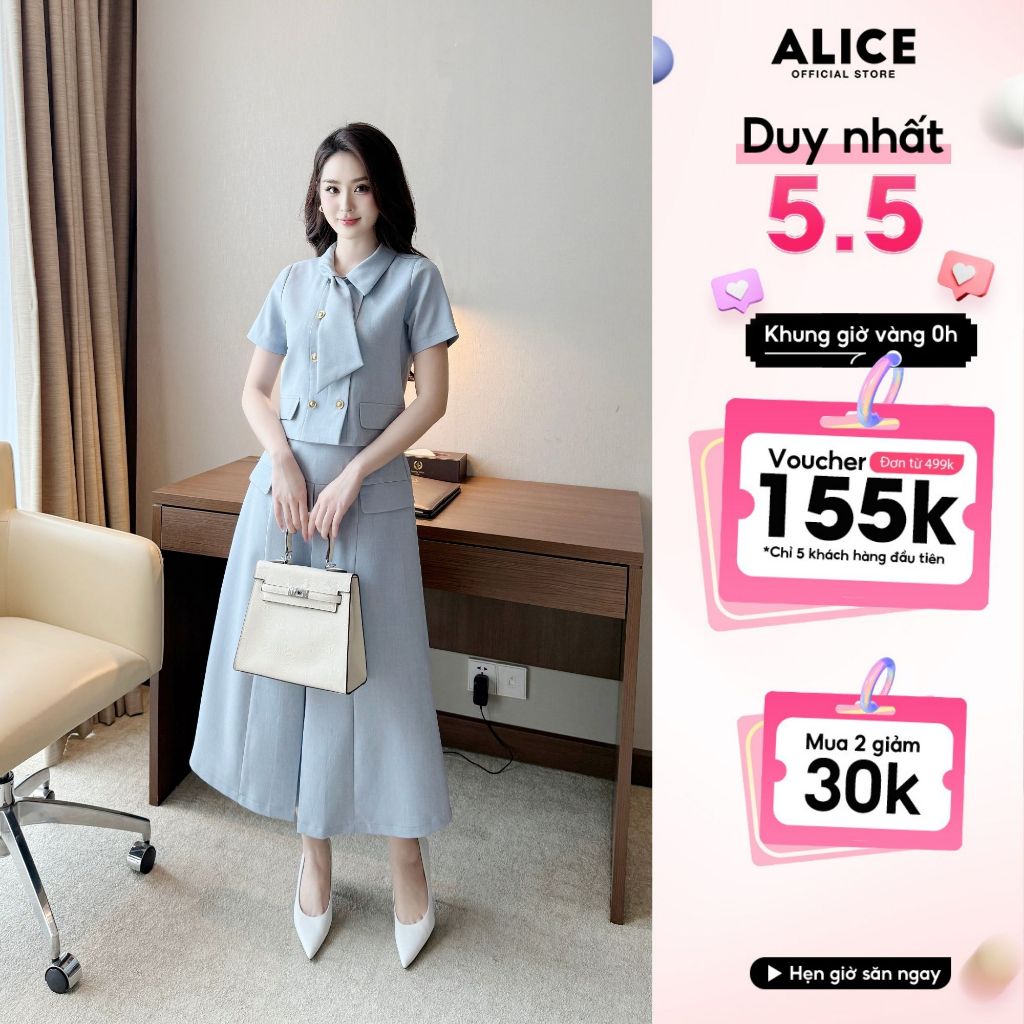 Ảnh Set Váy Công Sở Thanh Lịch Alice Chất Tuytsi, Áo Ngắn Tay Cổ Sơ Mi Phối Vạt Kèm Chân Váy Dài Xếp Ly S845 1
