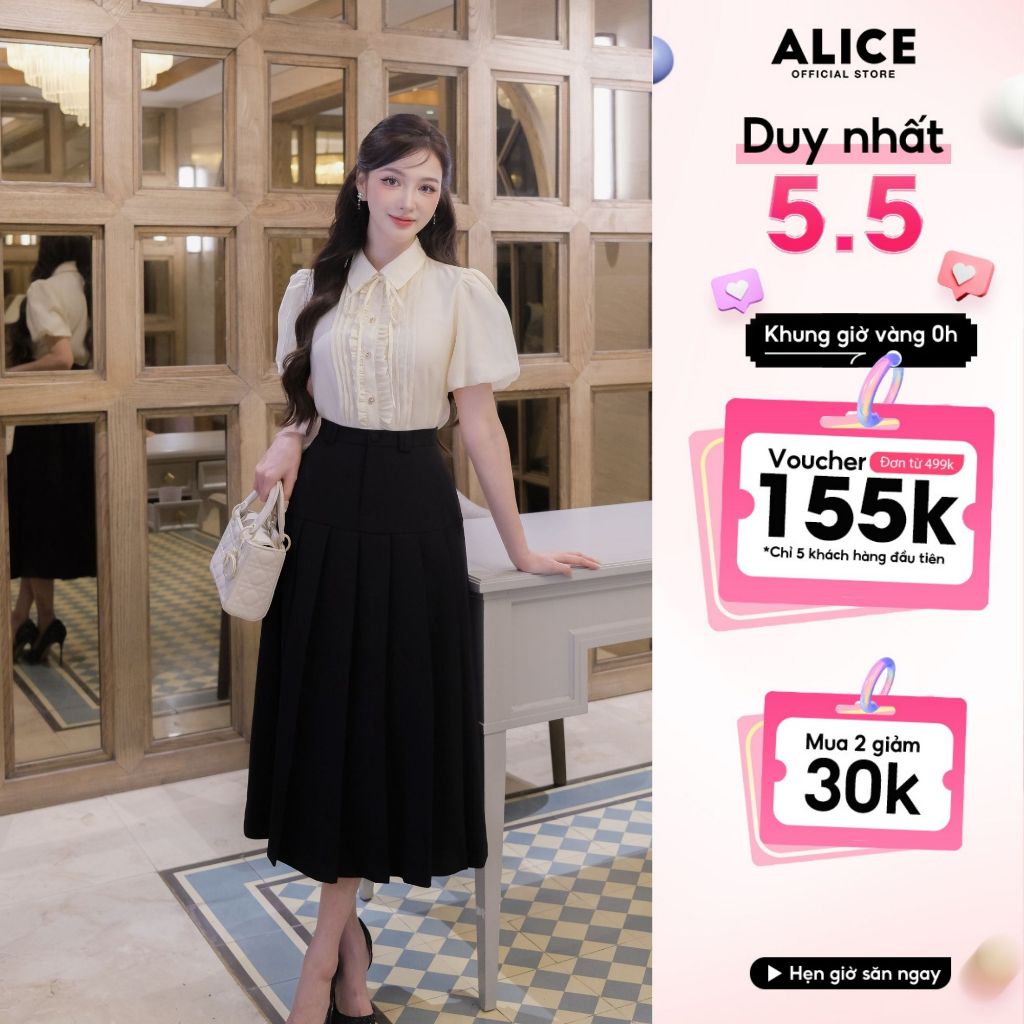 Ảnh Set Đồ Công Sở Áo Sơ Mi Cổ Đức Kèm Chân Váy Dáng Dài ALICE Thiết Kế Tay Bồng Xếp Li Ngực S675 1
