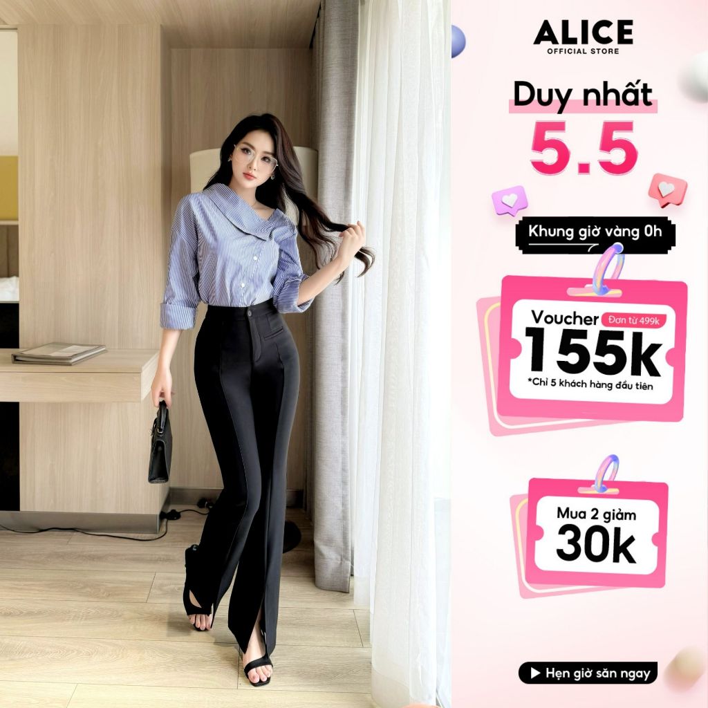 Ảnh Set Áo Sơ Mi Kẻ Lệch Vai Dài Tay Và Quần Ống Loe Chất Umi Alice Áo Xanh Chất Thô Thanh Lịch Công Sở S717 1
