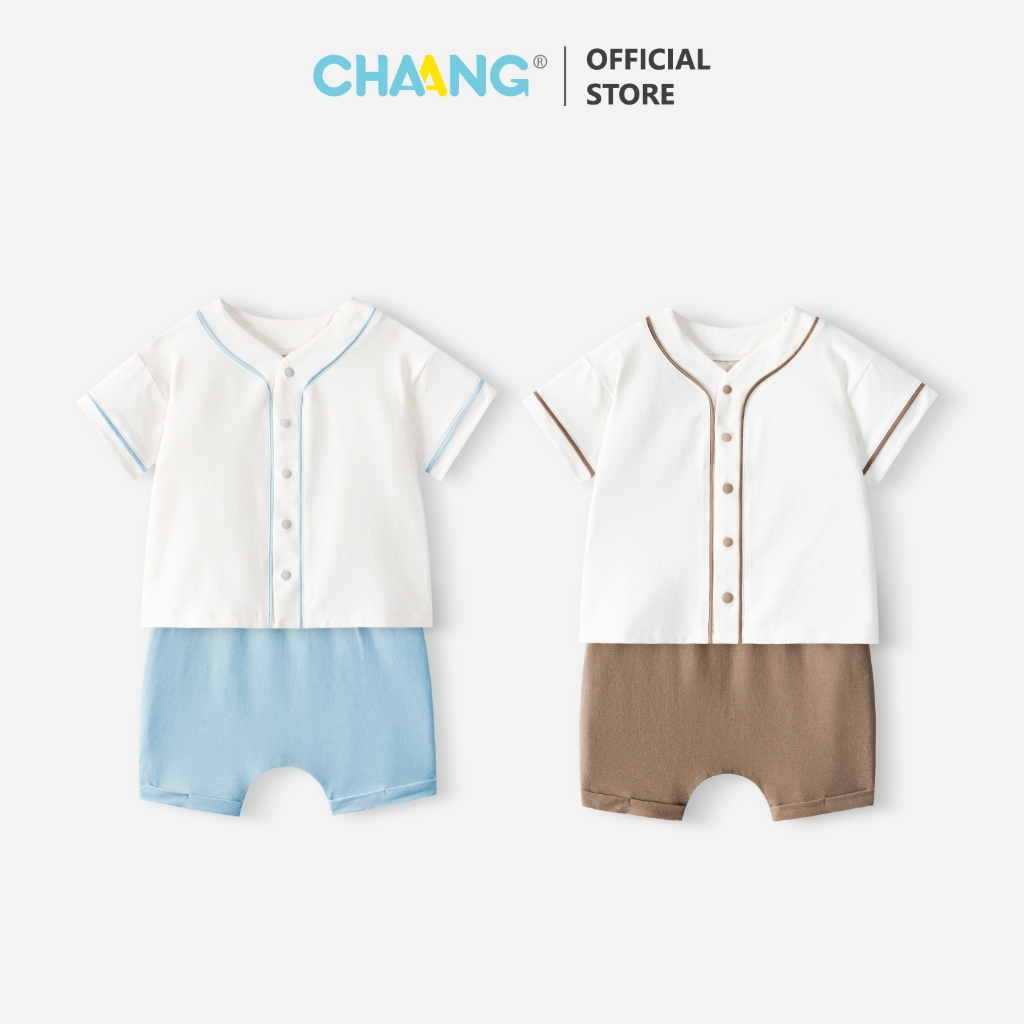 [CHAANG 0-12M] Bộ quần áo cộc tay cúc giữa/cổ sen Mưa cho bé trai và bé gái