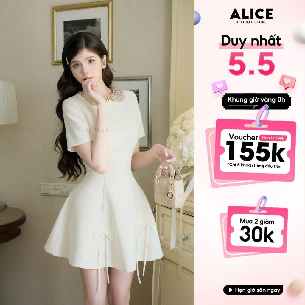 Ảnh Váy Đầm Tiểu Thư Tay Ngắn Dáng Xòe Alice Cổ Xích Đính Đá Chất Liệu Chéo Rubi Có Chiết Eo V1260 Đính Nơ Chân Váy 1
