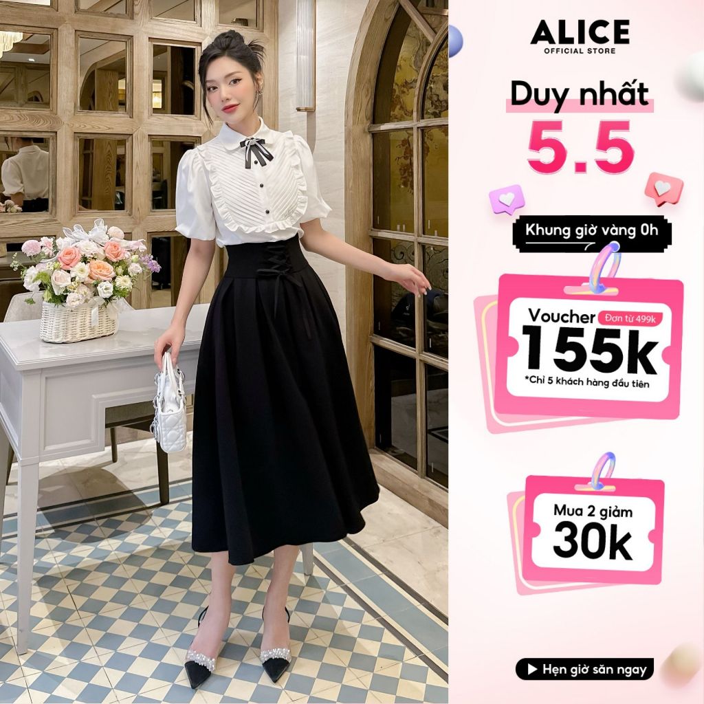 Ảnh Set Áo Sơ Mi Chân Váy Dài ALICE Đồ Công Sở Tay Phồng Xếp Ly Ngực Kèm Chân Váy Cạp Cao Xòe S296 1