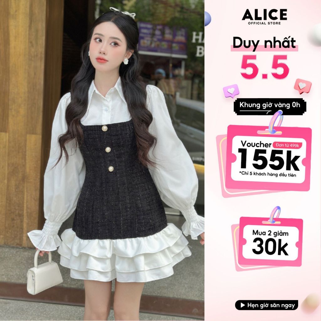 Ảnh Set Váy Dạ Tiểu Thư ALICE Set Dạ Tweed Thiết Kế Áo Sơ Mi Tay Bo Chun Kèm Yếm Dạ Bèo Tầng, Set Yếm Dạ Váy Dài Tay S430 1