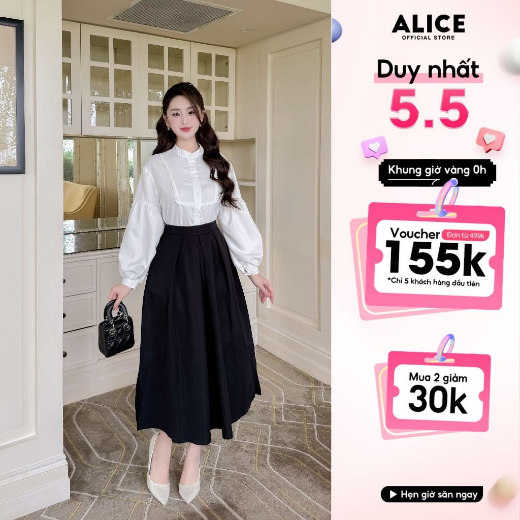Ảnh Set Áo Sơ Phối Chân Váy Dài Công Sở ALICE Thiết Kế Dáng Chờm Vai Tay Bồng Kèm Chân Váy Dáng Xòe Thanh Lịch S583 1