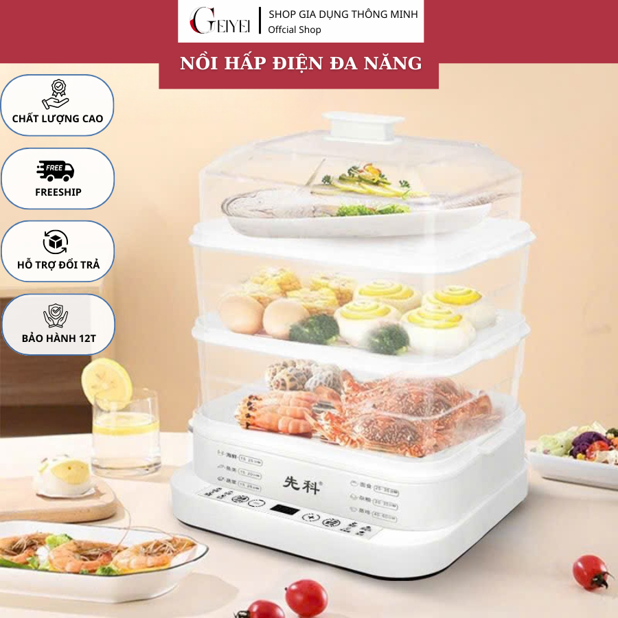 Nồi Hấp Điện Đa Chức Năng 3 Tầng Inox, Gia Dụng Tủ Hấp Công Suất Lớn, Có Hẹn Giờ, BH 12 Tháng U6