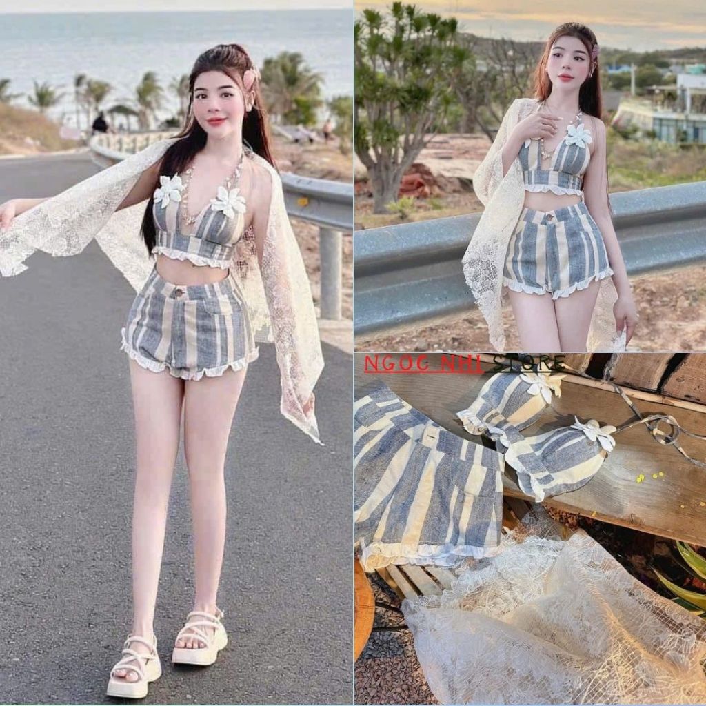 Set bikini đi biển áo bra đệm ngực viền ren kèm khăn choàng thêu hoa mix quần short gọi cảm tinh tế