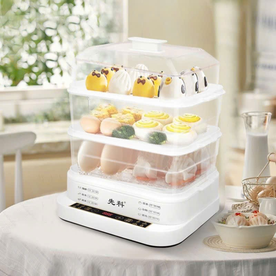 Nồi Hấp Điện Đa Chức Năng 3 Tầng Inox, Gia Dụng Tủ Hấp Công Suất Lớn, Có Hẹn Giờ, BH 12 Tháng U6