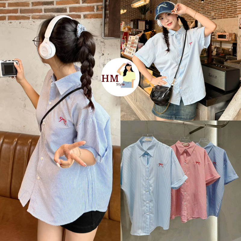 Áo sơ mi tay ngắn thêu nơ xinh phong cách basic áo sơ mi form rộng chất kate sọc mát ít nhăn HA90