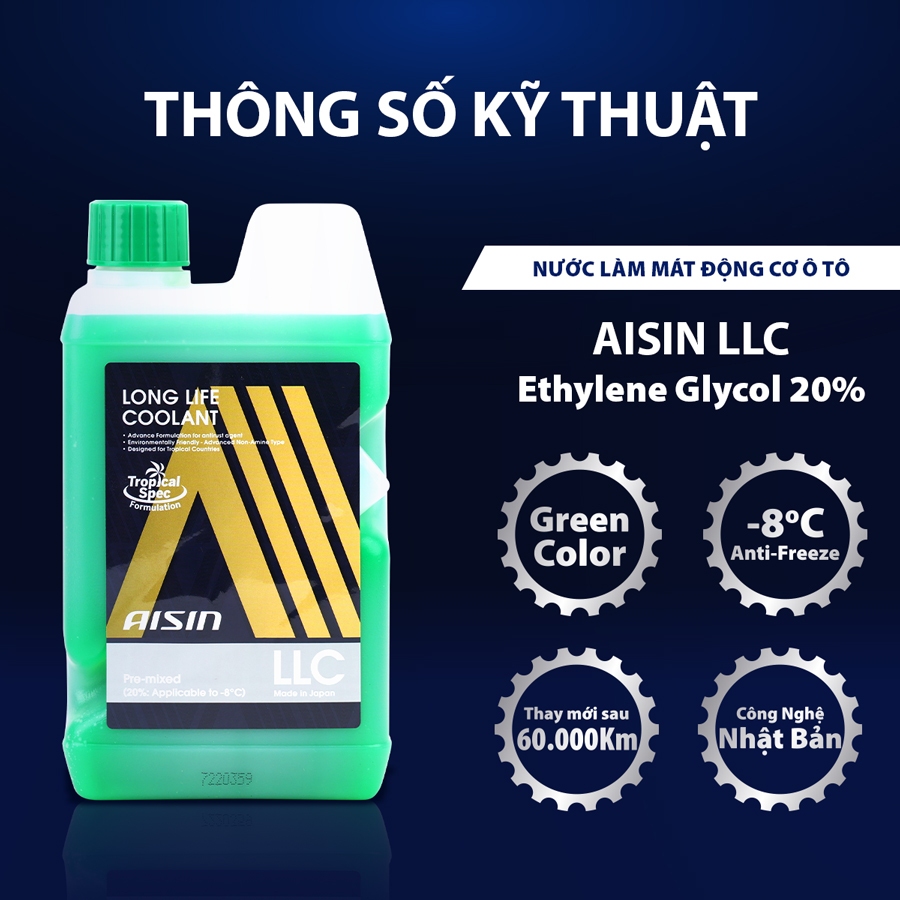 Nước Làm Mát Động Cơ Màu Xanh Lá AISIN Long Life Coolant 20% 1 Lít LCPM20A1LG