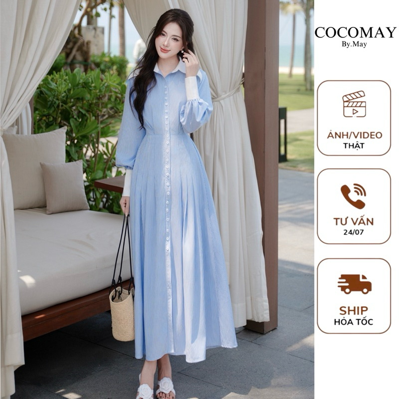 COCOMAY - Solyn Dress Đầm kẻ sọc xanh phối tay cổ trắng | Shopee Việt Nam