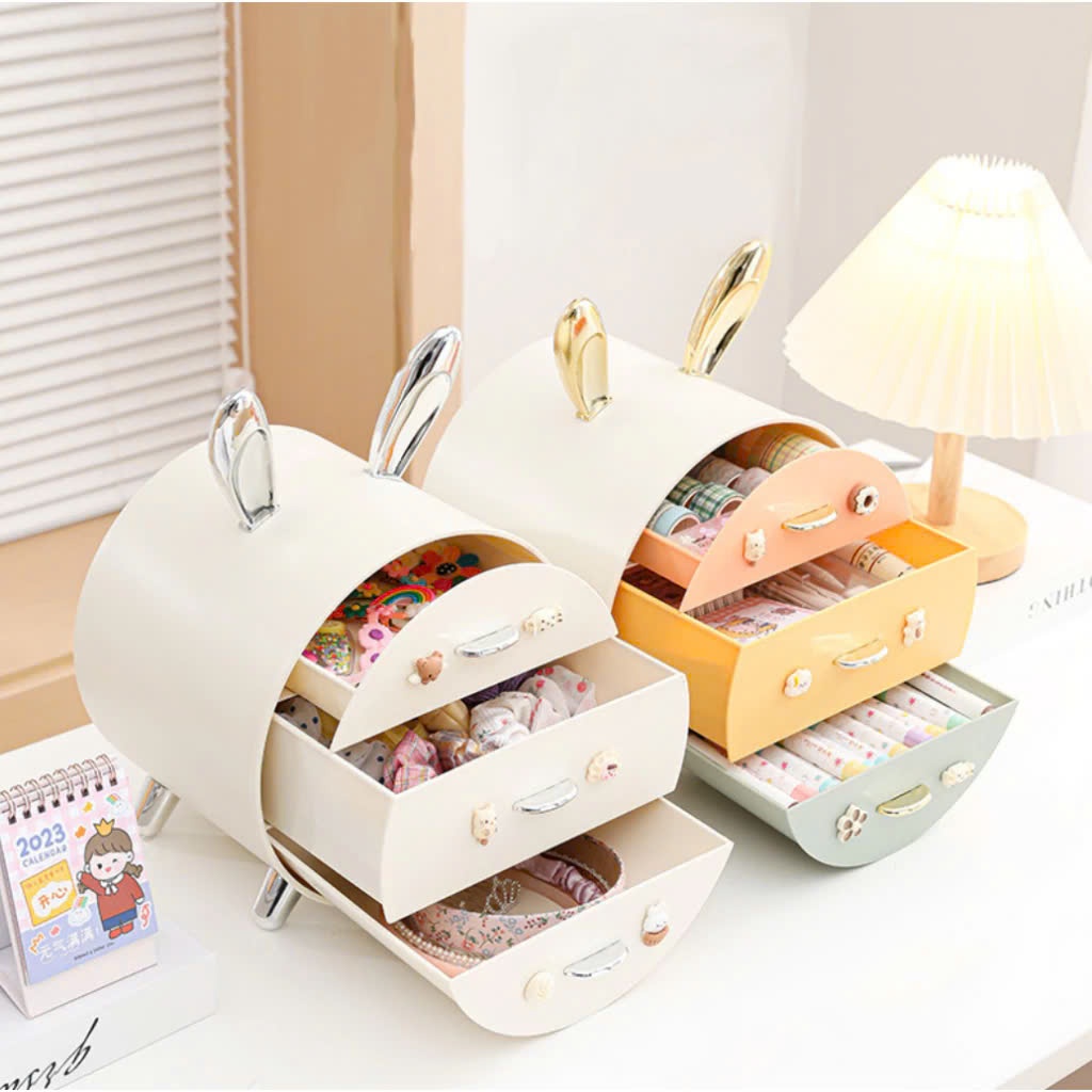 Kệ Đựng Mỹ Phẩm 3 Tầng Hộp Đựng Đồ Trang Điểm Cá Nhân Để Bàn Chia Ngăn Tai Thỏ Dễ Thương Đa Năng Cho Nữ