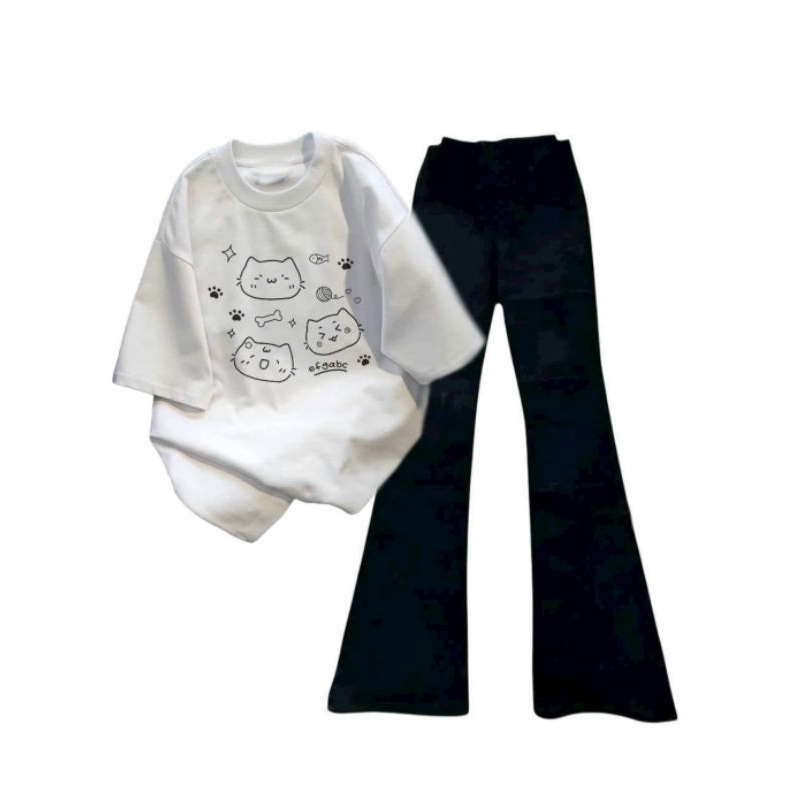 Set bộ quần ống loe + mix áo phông form rộng hình 3 con mèo