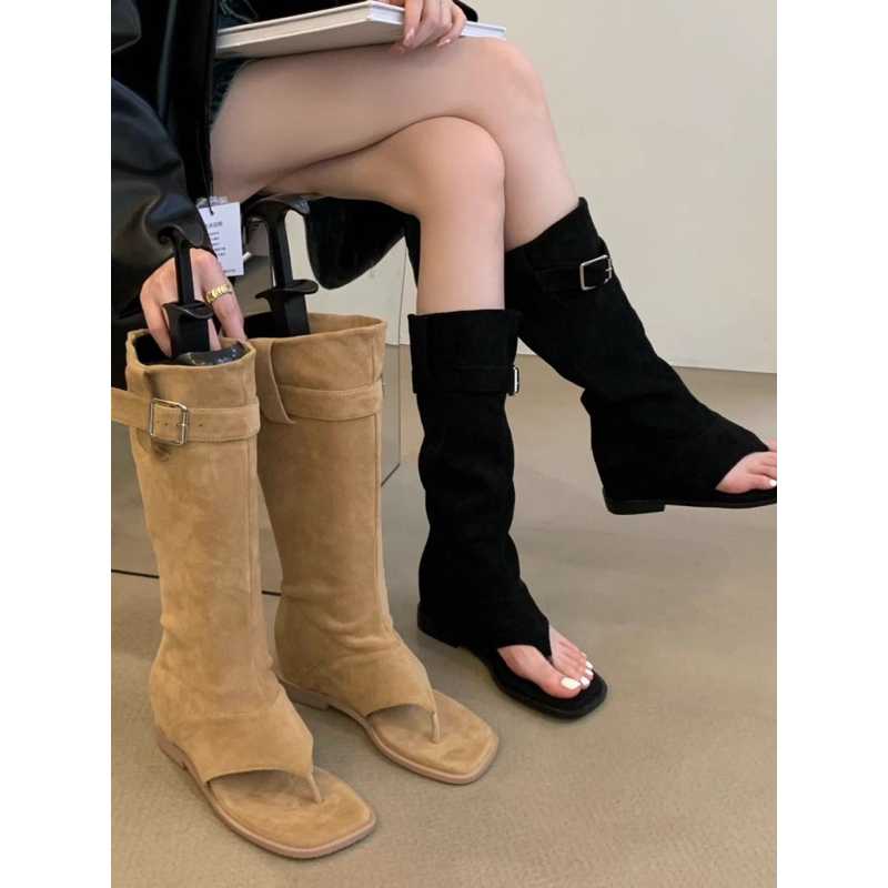 (Sẵn nâu 36,38 đen 37) Giày Sandal Xỏ Ngón Dáng Xương Cá Cổ Cao Chất Da Lộn Đi Được Hai Kiểu Thời Trang Ulzzang