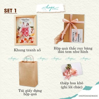 Set hộp quà khung ảnh hoa khô handmade tặng bạn cô dâu chú rể dịp đám cưới, nhiều màu hoa