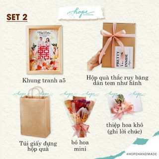 Set hộp quà khung ảnh hoa khô handmade tặng bạn cô dâu chú rể dịp đám cưới, nhiều màu hoa