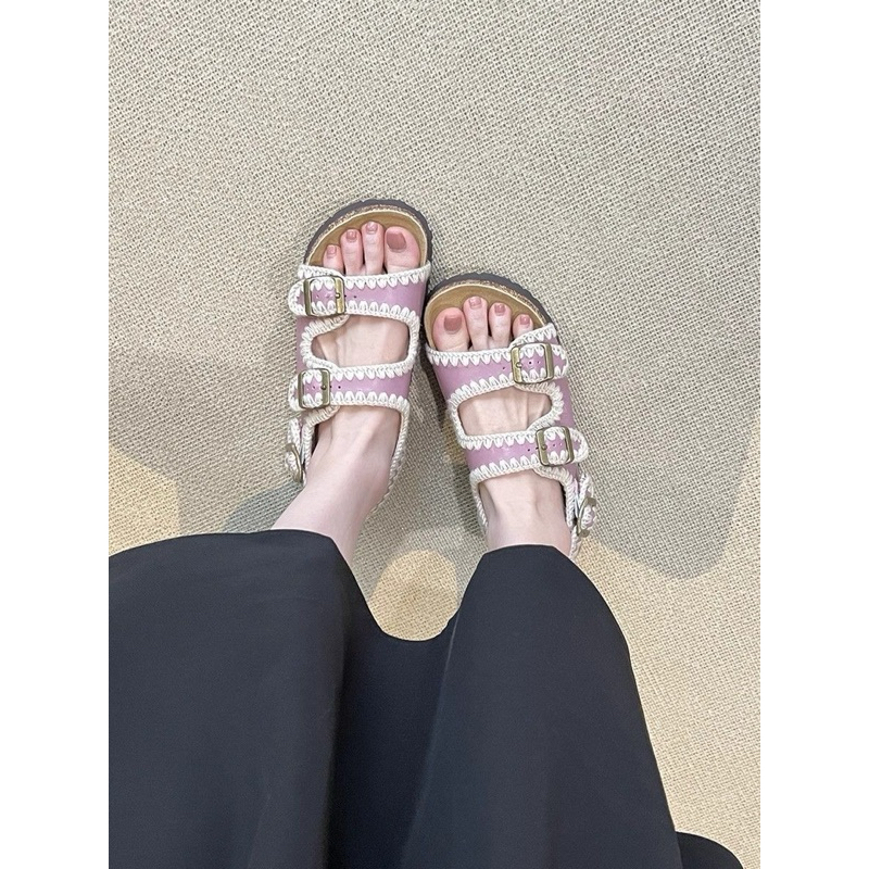 (Sẵn màu kem) Dép Sandal Birkenstocks Quai Ngang Đi Học, Đi Biển Basic Đế Độn hàng QC
