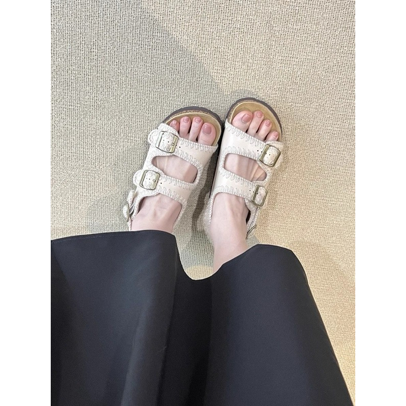 (Sẵn màu kem) Dép Sandal Birkenstocks Quai Ngang Đi Học, Đi Biển Basic Đế Độn hàng QC