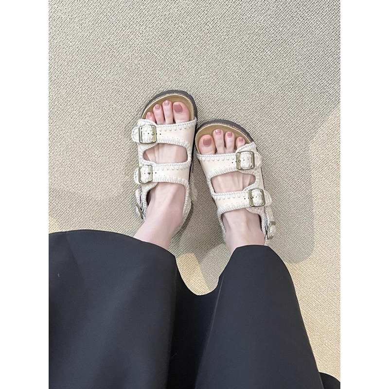 (Sẵn màu kem) Dép Sandal Birkenstocks Quai Ngang Đi Học, Đi Biển Basic Đế Độn hàng QC