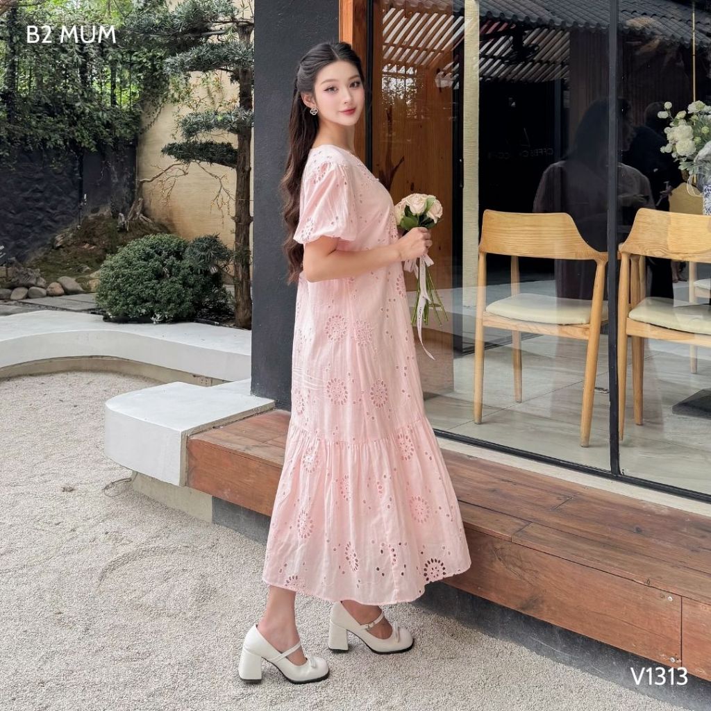 Váy Bầu Chất Thô Boi Mềm Mại Dáng Dài Màu Hồng Đầm Bầu Mùa Hè Thiết Kế Tiểu Thư Thanh Lịch - B2 MUM - V1313