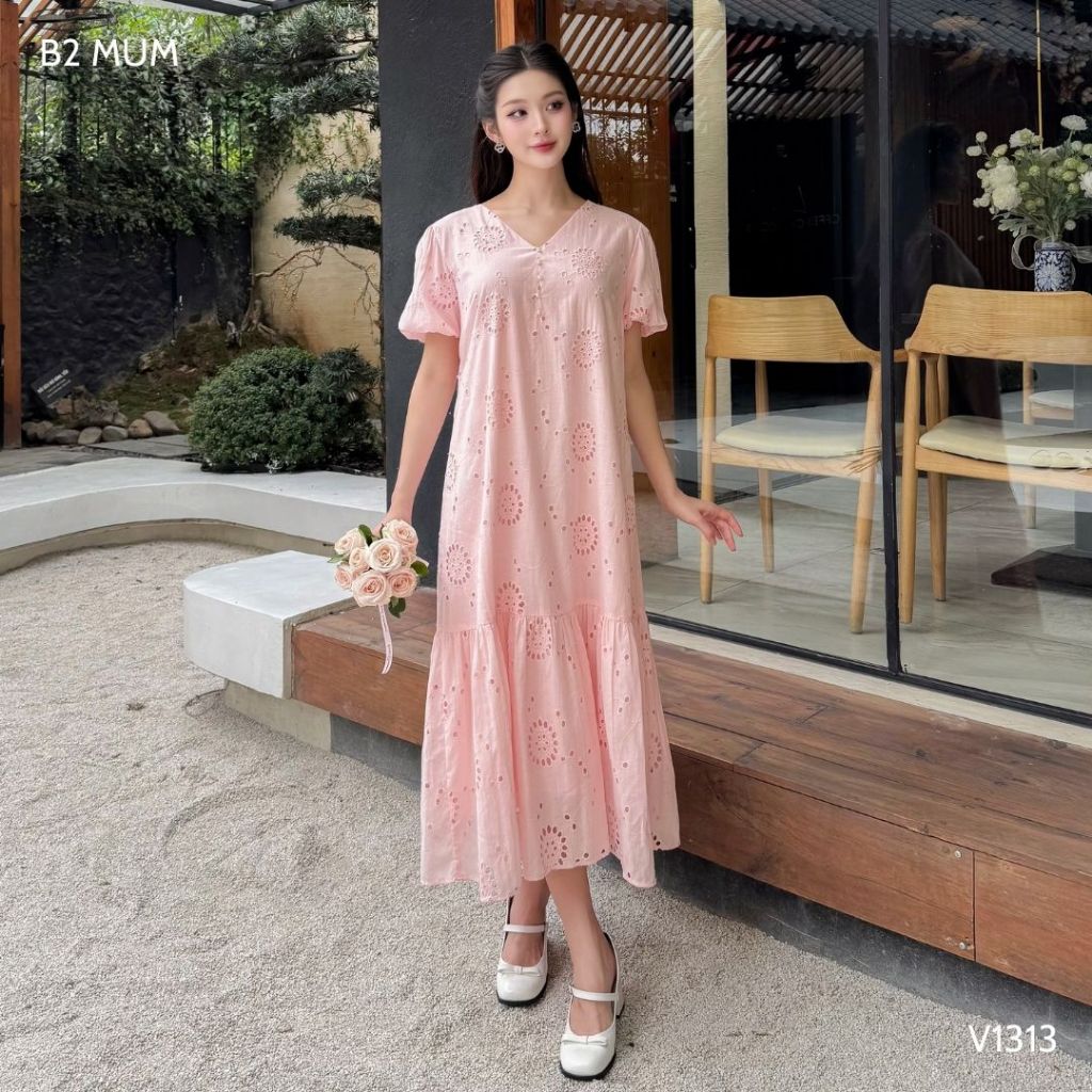 Váy Bầu Chất Thô Boi Mềm Mại Dáng Dài Màu Hồng Đầm Bầu Mùa Hè Thiết Kế Tiểu Thư Thanh Lịch - B2 MUM - V1313