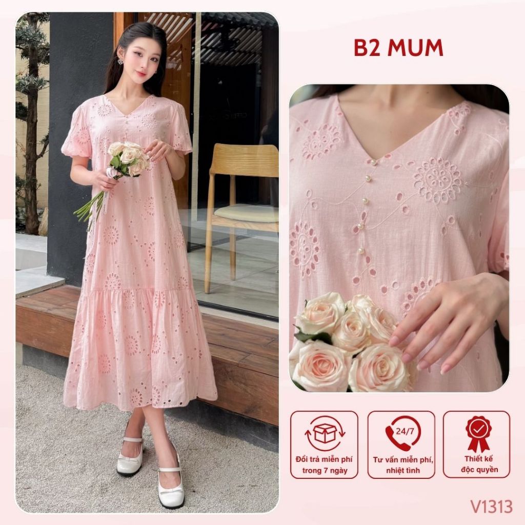 Váy Bầu Chất Thô Boi Mềm Mại Dáng Dài Màu Hồng Đầm Bầu Mùa Hè Thiết Kế Tiểu Thư Thanh Lịch - B2 MUM - V1313