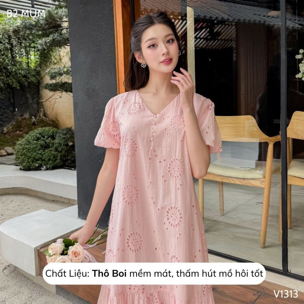 Váy Bầu Chất Thô Boi Mềm Mại Dáng Dài Màu Hồng Đầm Bầu Mùa Hè Thiết Kế Tiểu Thư Thanh Lịch - B2 MUM - V1313