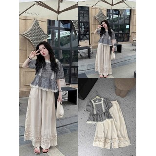 Set bộ thời trang nữ áo tay ngắn cổ vuông có viền ren chất for caro phối cùng quần ống rộng chất mango dày dặn