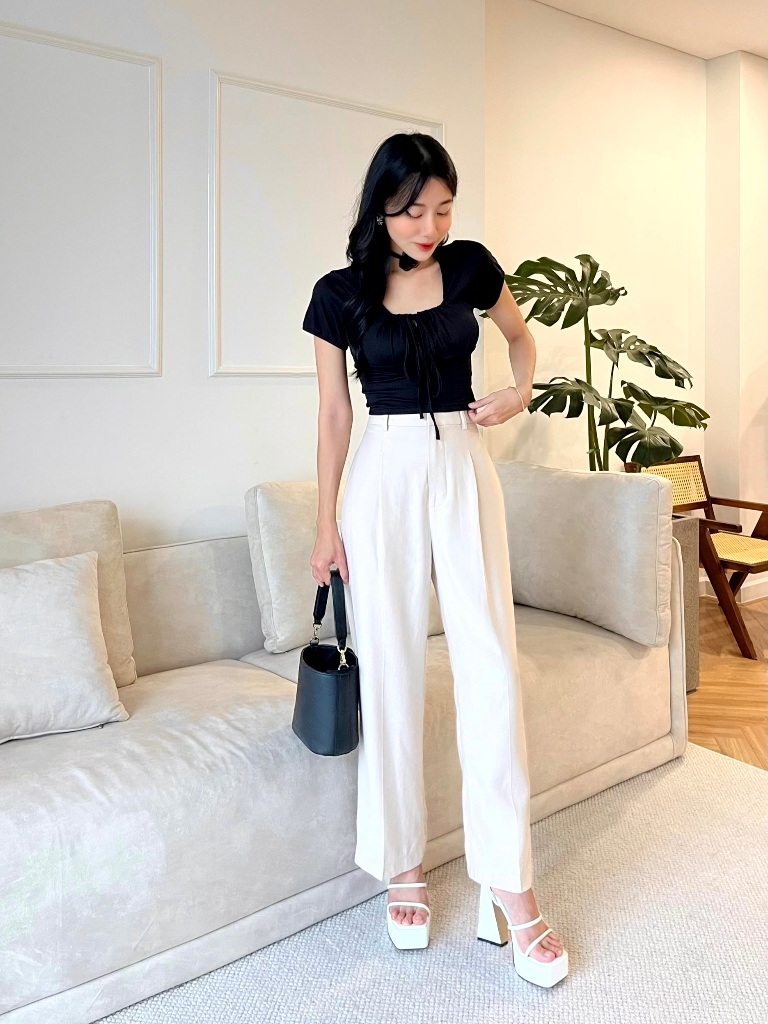 Ảnh Quần Ống Rộng Thời Trang Nữ Cơ Bản Ống Suông Form Đứng Xếp 1 Ly Trước Cạp Cao GAGO GO4306 3