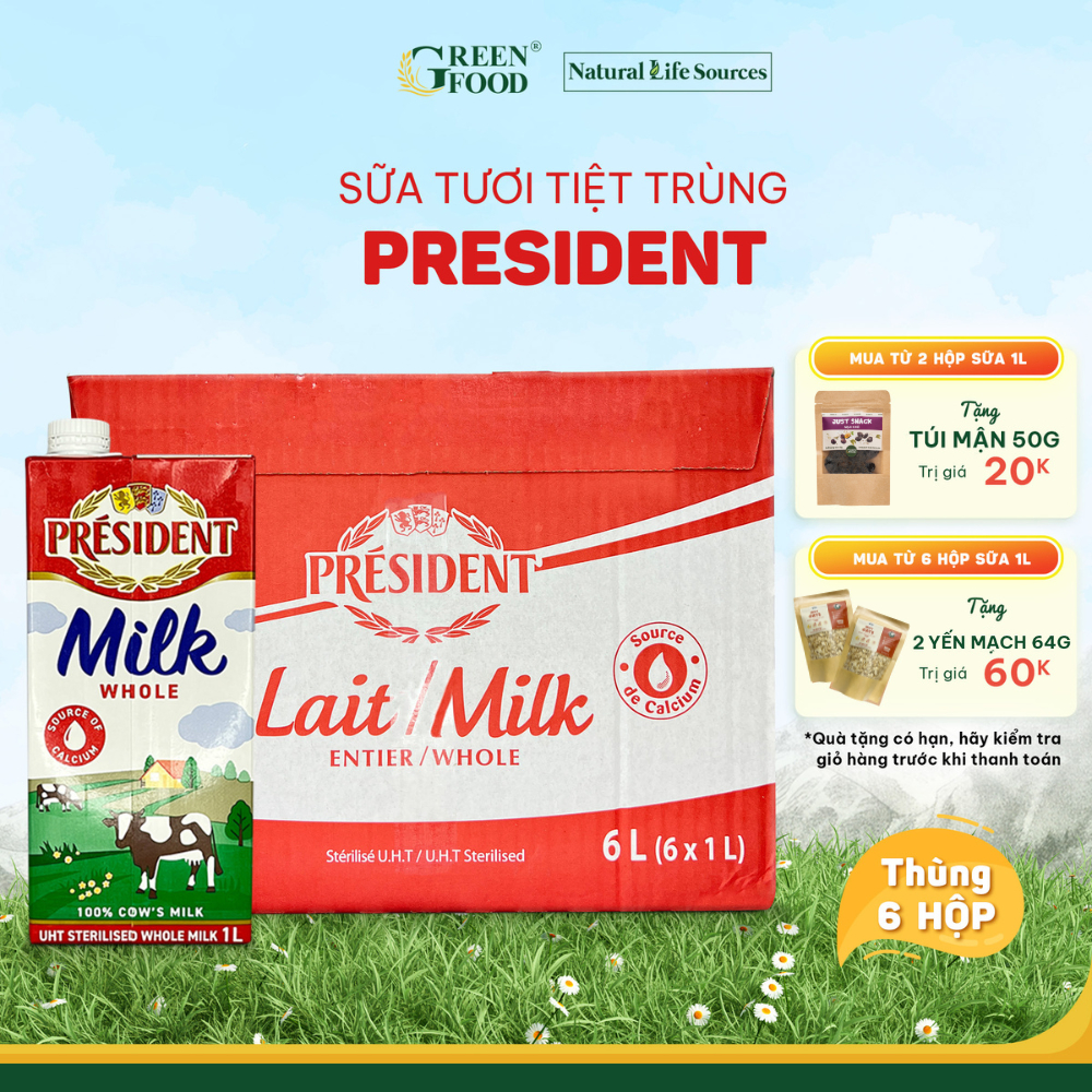Ảnh Thùng 6 Hộp Sữa Tươi Tiệt Trùng President Nguyên Kem 1L - Độ Béo 3.6%, Không Đường,nhập khẩu từ Pháp 1