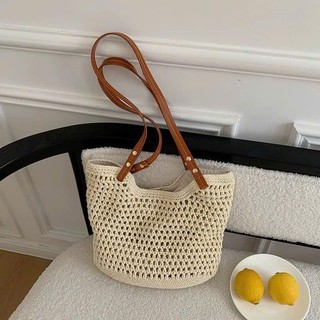 Túi Cói Bản To Phối Dây Da Hàng Loại 1 Phong Cách Trẻ Trung Năng Động Dễ Phối Đồ - Túi Cói Đan Lưới Basic Mùa Hè
