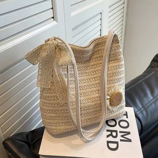 Túi Cói Tote Đi Biển Đính Hoa Cúc Kèm Nơ Ren Dễ Thương Phong Cách Basic Dễ Phối Đồ Dành Cho Nữ - Túi Cói Vintage Loại 1