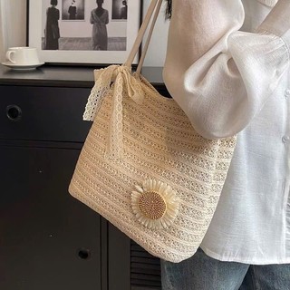 Túi Cói Tote Đi Biển Đính Hoa Cúc Kèm Nơ Ren Dễ Thương Phong Cách Basic Dễ Phối Đồ Dành Cho Nữ - Túi Cói Vintage Loại 1