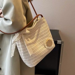 Túi Cói Tote Đi Biển Đính Hoa Cúc Kèm Nơ Ren Dễ Thương Phong Cách Basic Dễ Phối Đồ Dành Cho Nữ - Túi Cói Vintage Loại 1