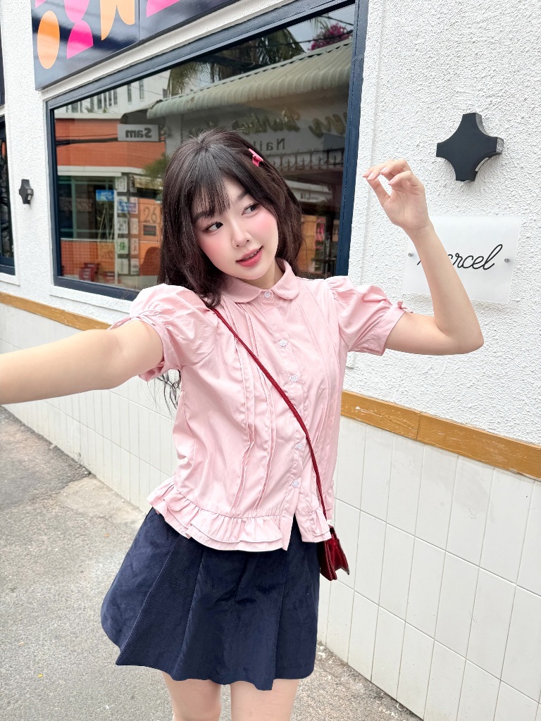 Ảnh Áo sơ mi babydoll ngắn tay form suông GAGO Brand cổ lá sen cộc tay phù hợp đi chơi đi làm GA5101 3