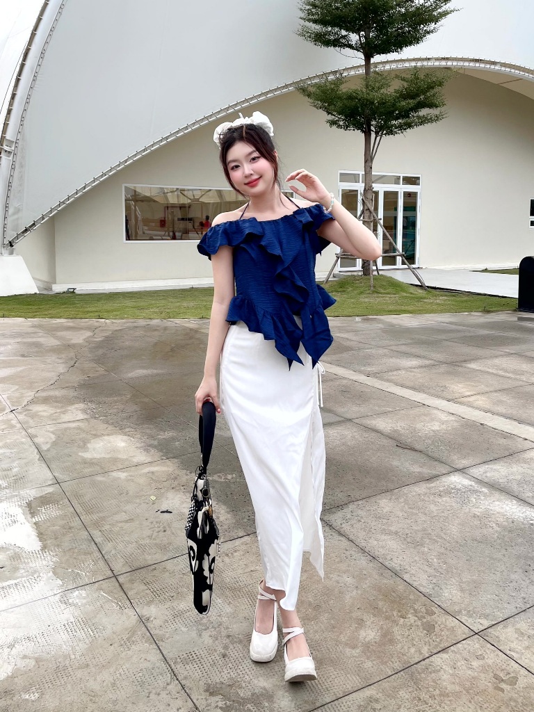 Ảnh Áo hai dây trễ vai phối bèo GAGO Brand sang trọng tiểu thư bánh bèo cách điệu thời trang nữ GA4706 2