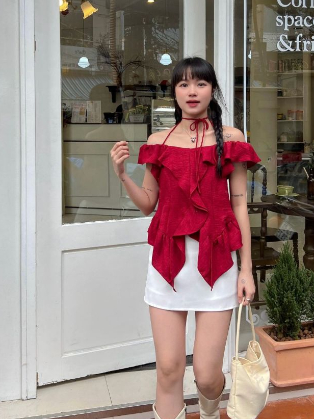 Ảnh Áo hai dây trễ vai phối bèo GAGO Brand sang trọng tiểu thư bánh bèo cách điệu thời trang nữ GA4706 3