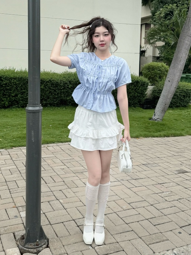 Ảnh Áo Babydoll Nữ Thân Dập Tầng Phối Nơ Thời Trang Nữ Phong Cách Hàn Quốc Vải Si Cotton GAGO GA4866 2