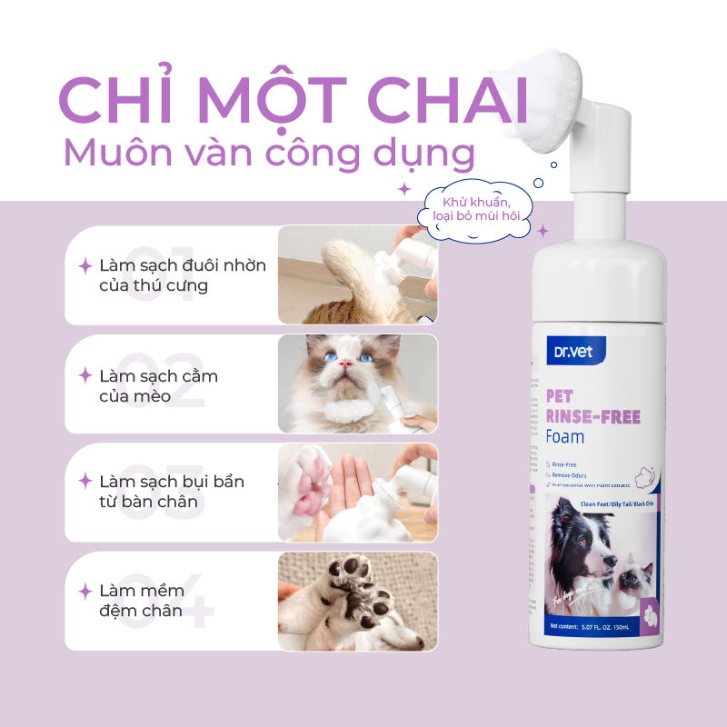 Bọt Tắm Khô Cho Chó Mèo DrVET Làm Sạch Không Cần Tắm - Pet Rinse-Free Foam