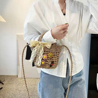 Túi Cói Nữ Đi Biển Mini Vintage Hàng Loại 1 Đính Hoa Kèm Nơ Ren Xinh Xắn Phong Cách Trẻ Trung Cá Tính - Túi Cói Mini