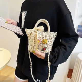 Túi Cói Nữ Đi Biển Mini Vintage Hàng Loại 1 Đính Hoa Kèm Nơ Ren Xinh Xắn Phong Cách Trẻ Trung Cá Tính - Túi Cói Mini