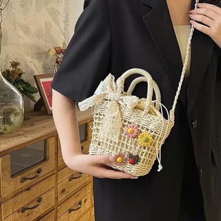 Túi Cói Nữ Đi Biển Mini Vintage Hàng Loại 1 Đính Hoa Kèm Nơ Ren Xinh Xắn Phong Cách Trẻ Trung Cá Tính - Túi Cói Mini