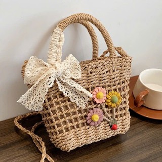 Túi Cói Nữ Đi Biển Mini Vintage Hàng Loại 1 Đính Hoa Kèm Nơ Ren Xinh Xắn Phong Cách Trẻ Trung Cá Tính - Túi Cói Mini